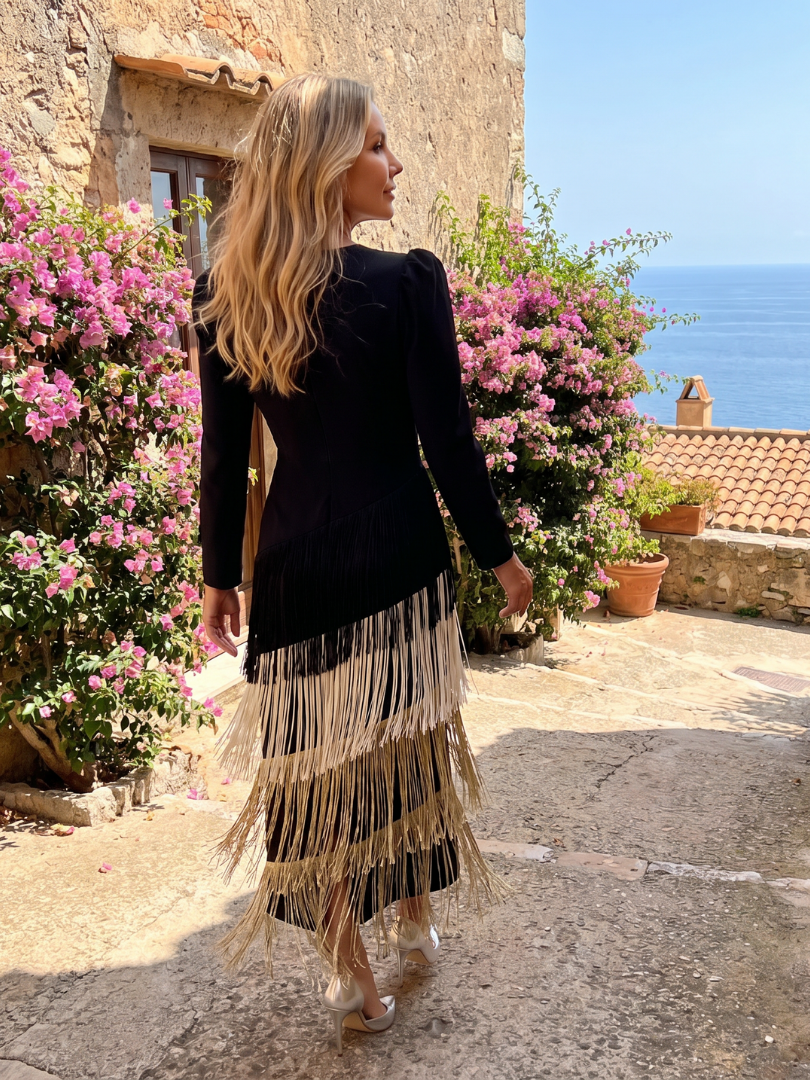 Diane & Susan Long Sleeve Soft Fringe Skirt Midi Dress
