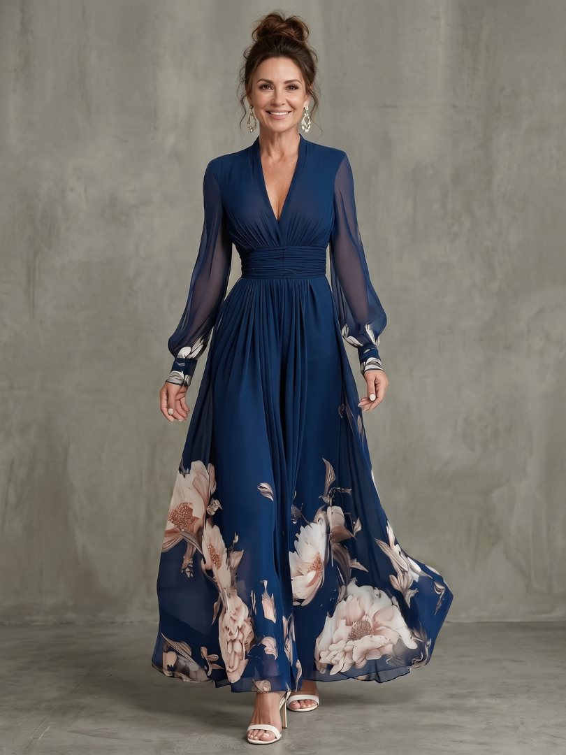 Diane & Susan Pleated Sheer Sleeves Maxi Dress