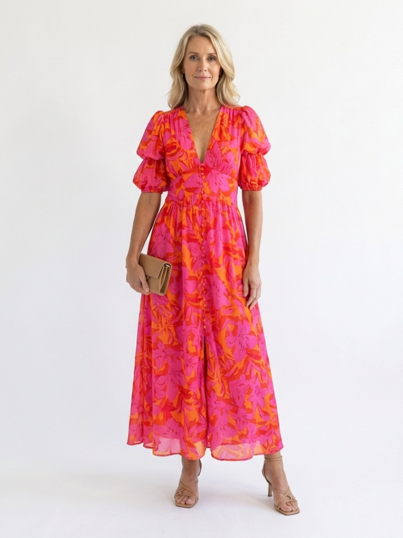 Diane & Susan™ | Floral V Neck Puff Sleeve Midi Dress