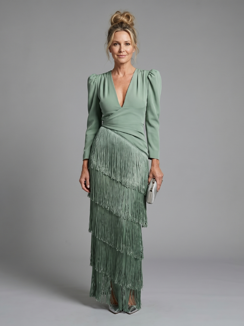 Diane & Susan Long Sleeve Soft Fringe Skirt Midi Dress