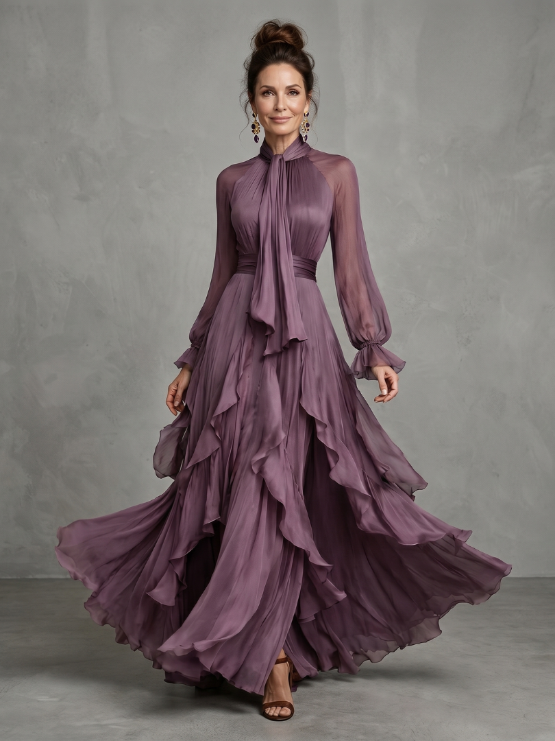Diane & Susan Tie Neck Ruffle Tiered Maxi Dress