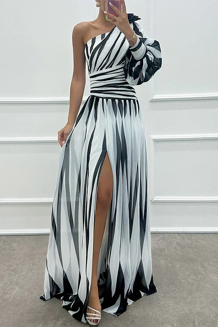 Diane & Susan™ |Elegant Striped Maxi Dress with One Shoulder