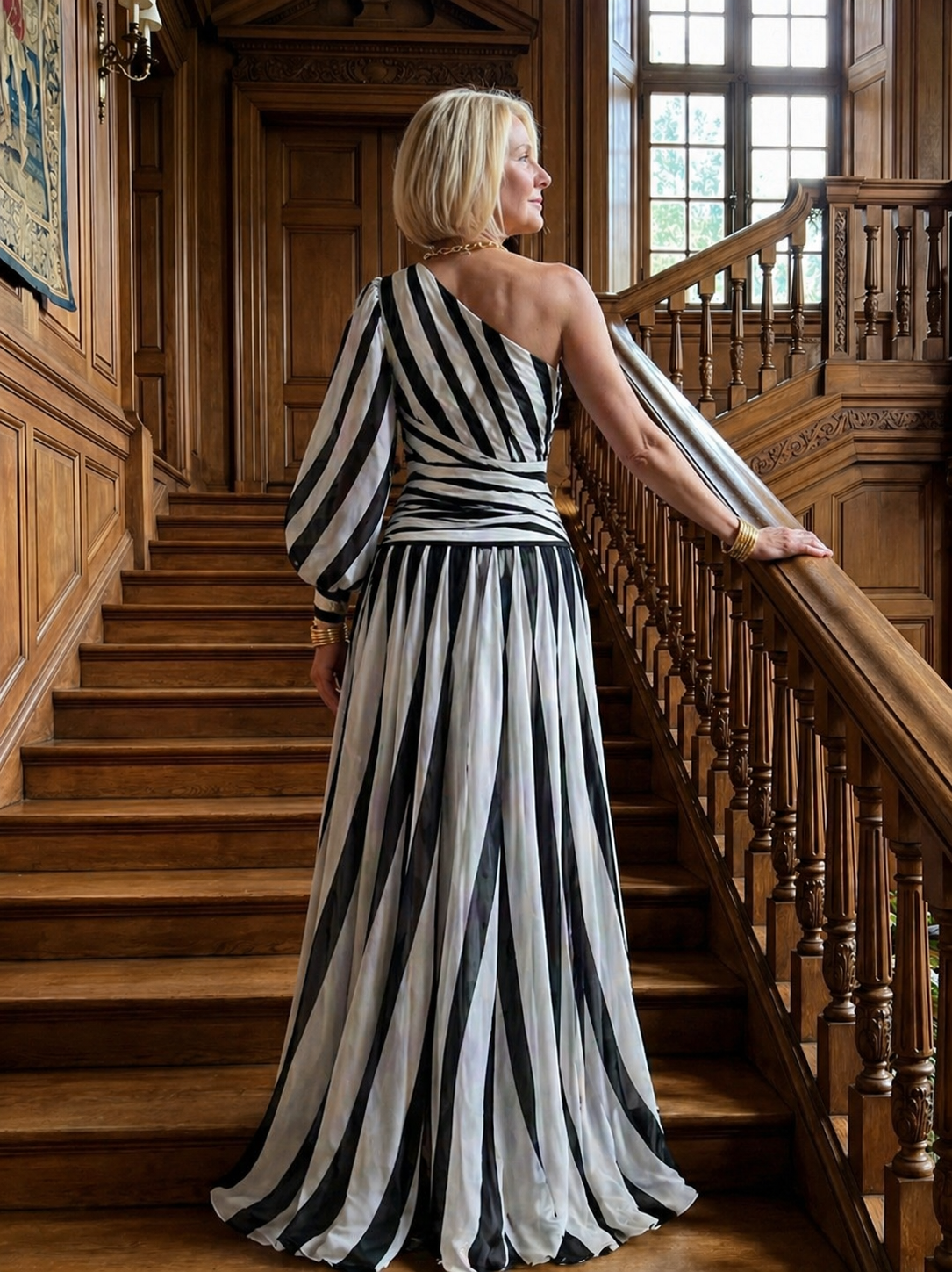 Diane & Susan™ |Elegant Striped Maxi Dress with One Shoulder
