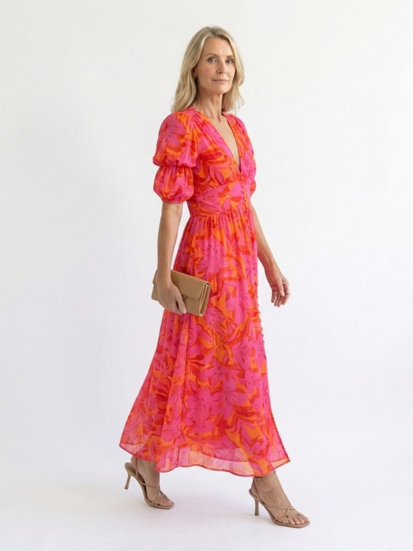 Diane & Susan™ | Floral V Neck Puff Sleeve Midi Dress