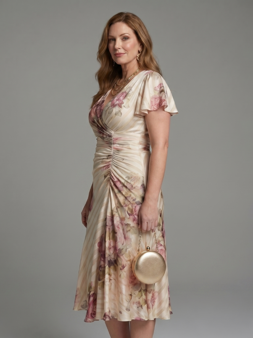 Diane & Susan  Flutter Sleeve Wrap Floral Stripe Print Midi Dress