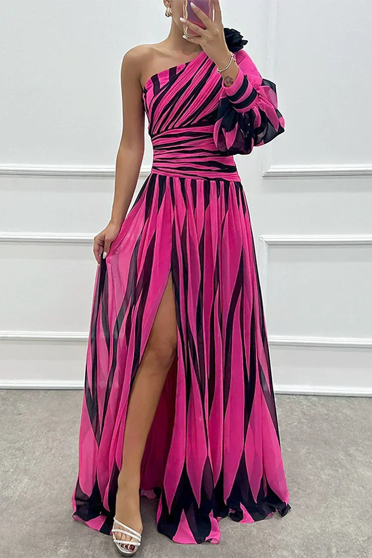 Diane & Susan™ |Elegant Striped Maxi Dress with One Shoulder