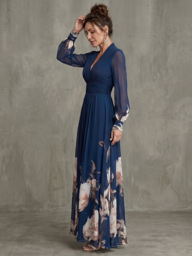 Diane & Susan Pleated Sheer Sleeves Maxi Dress