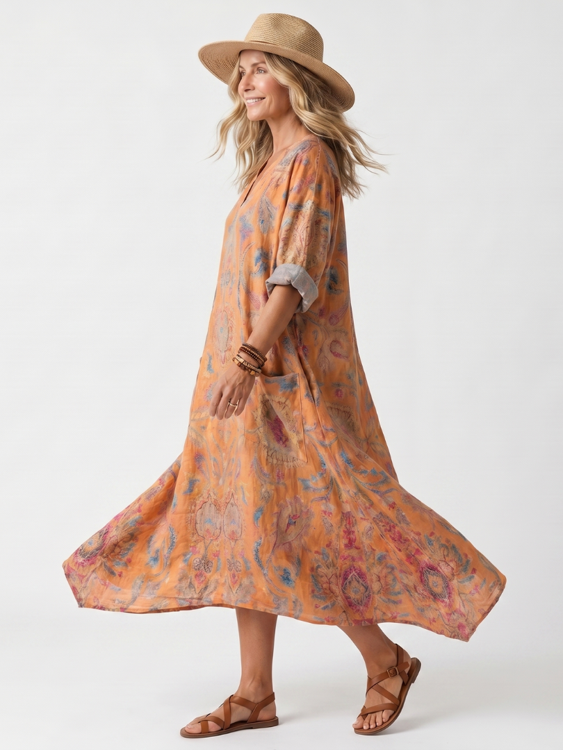Remi | Printed Oversized Midi Dress with Notch Neck and Pockets