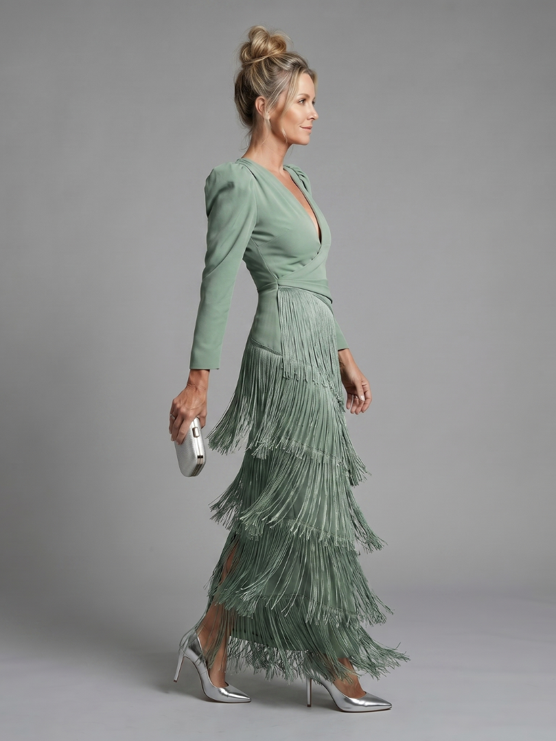 Diane & Susan Long Sleeve Soft Fringe Skirt Midi Dress