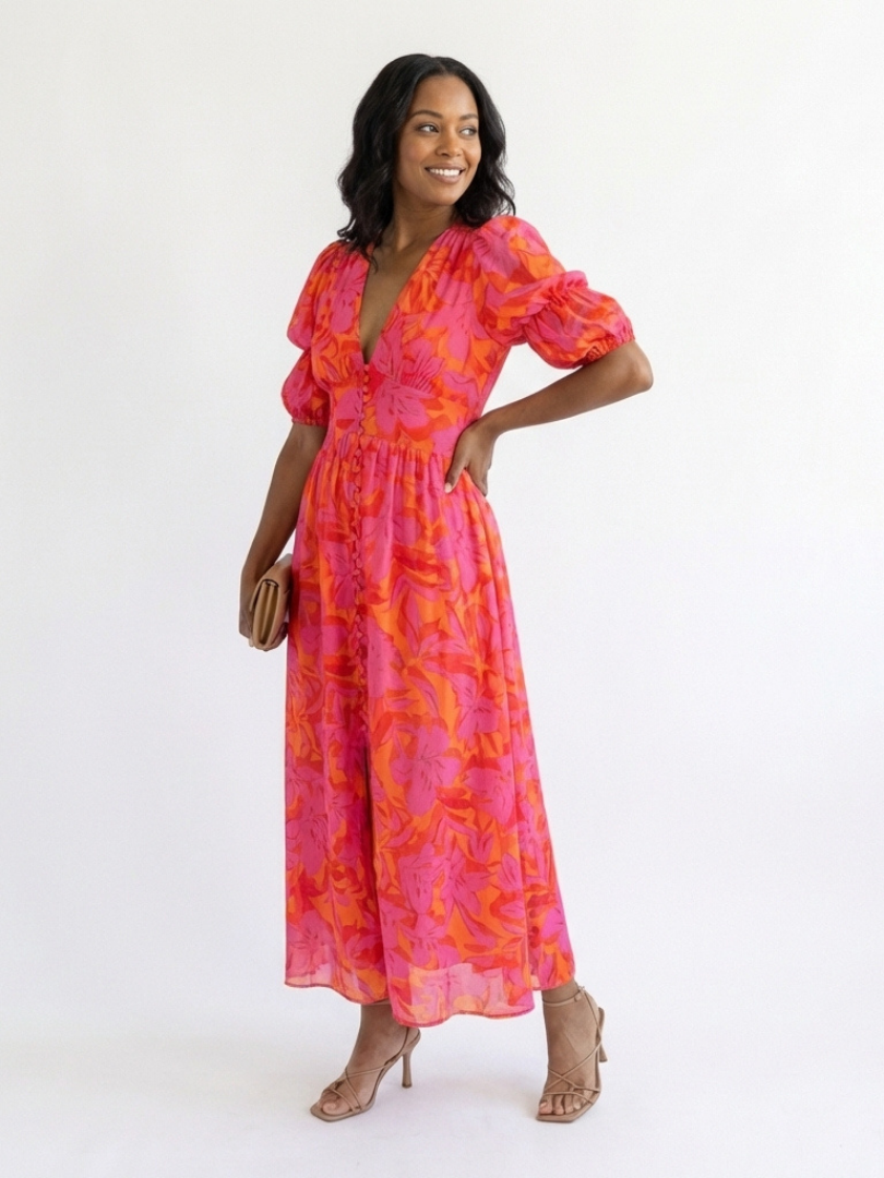 Diane & Susan™ | Floral V Neck Puff Sleeve Midi Dress