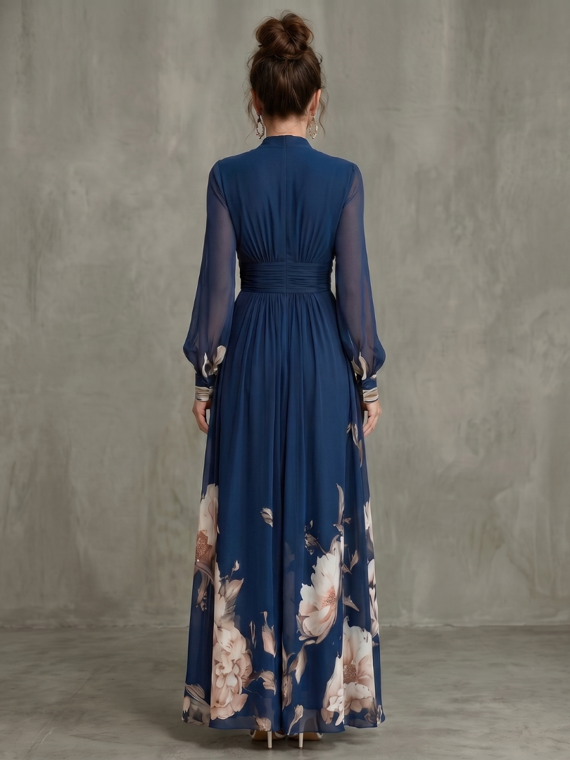 Diane & Susan Pleated Sheer Sleeves Maxi Dress