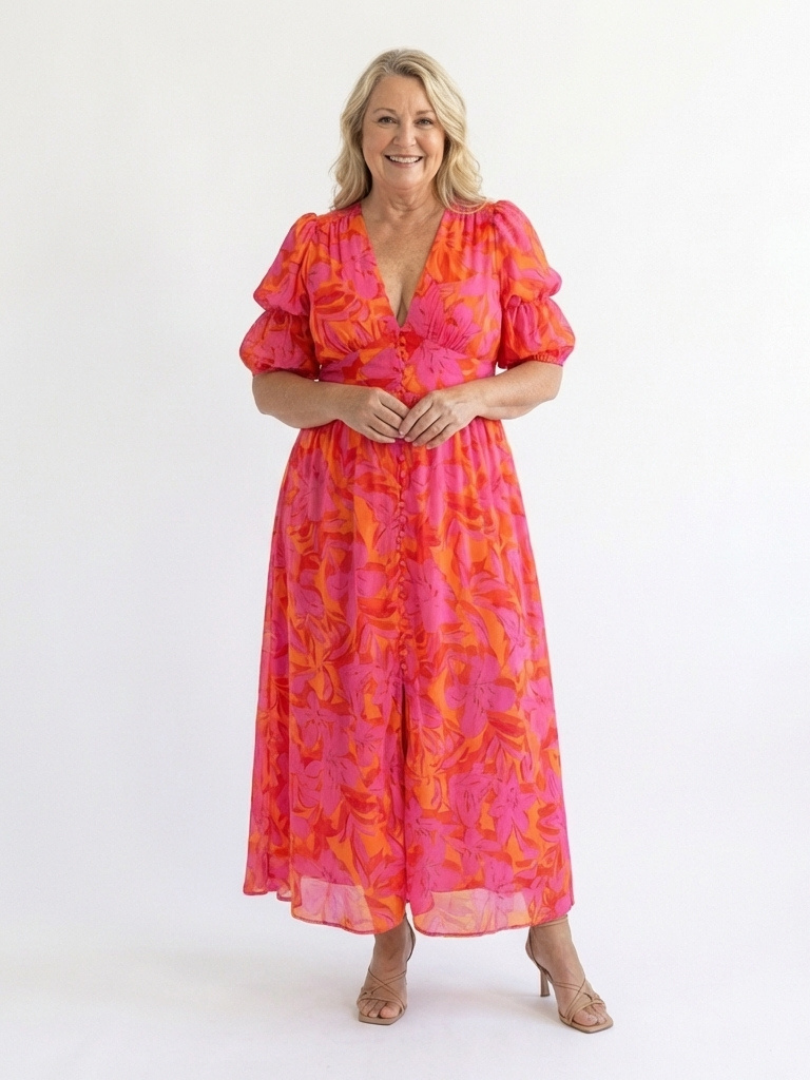 Diane & Susan™ | Floral V Neck Puff Sleeve Midi Dress