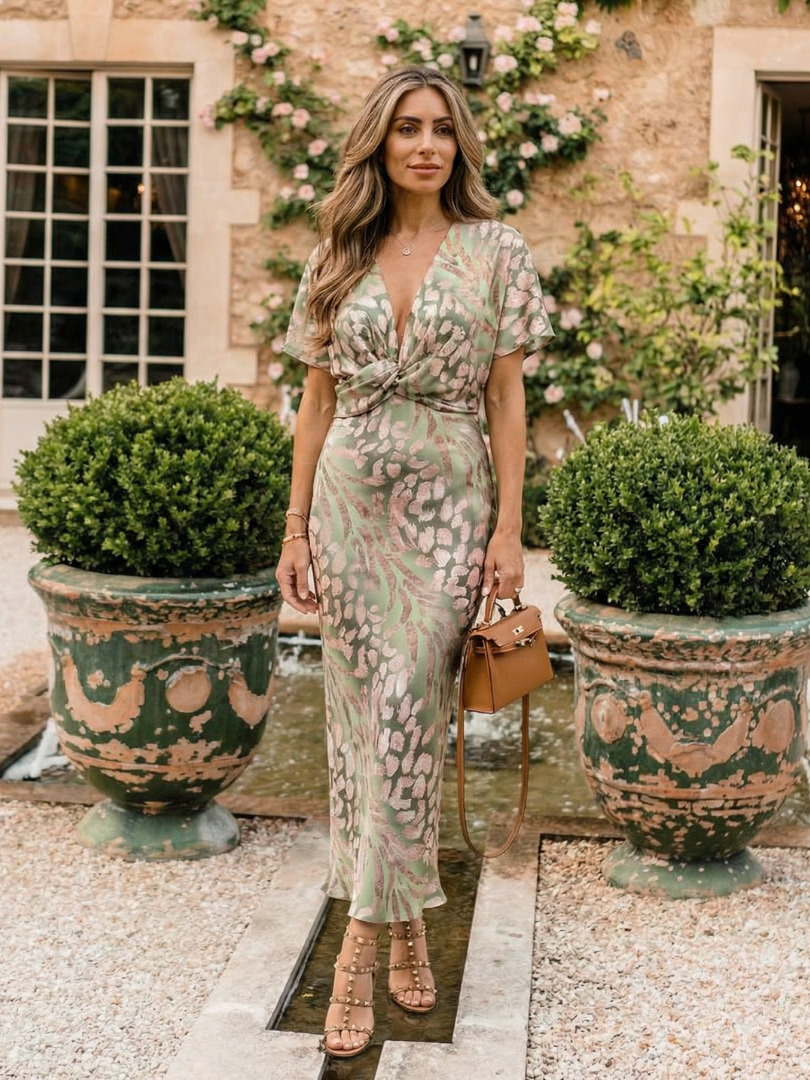 Diane & Susan™ | Abstract Print V Neck Twist Waist Midi Dress