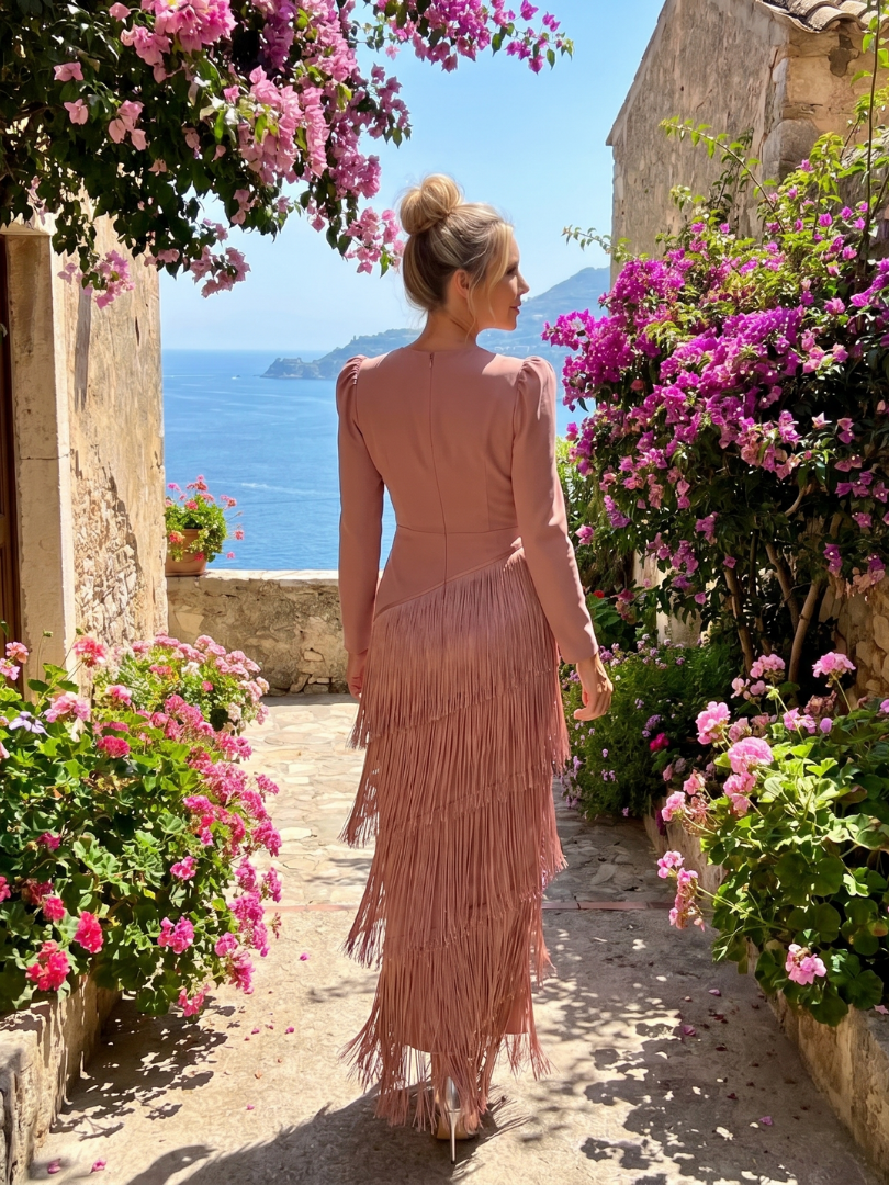 Diane & Susan Long Sleeve Soft Fringe Skirt Midi Dress