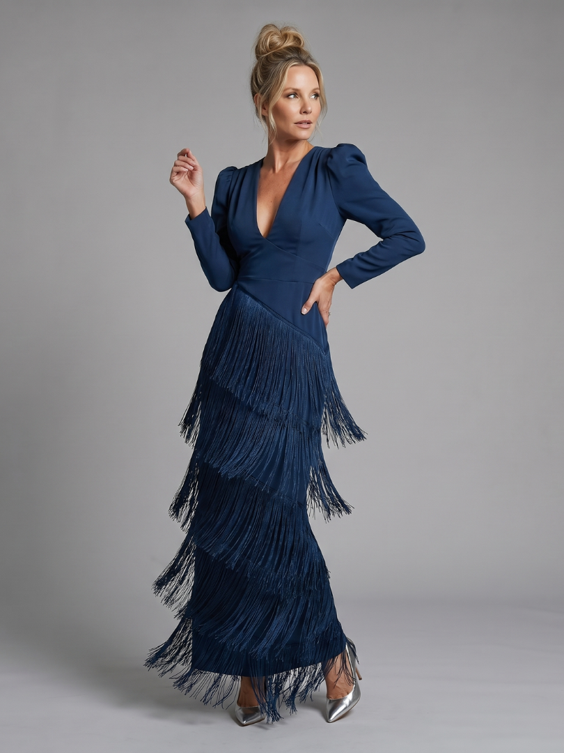 Diane & Susan Long Sleeve Soft Fringe Skirt Midi Dress