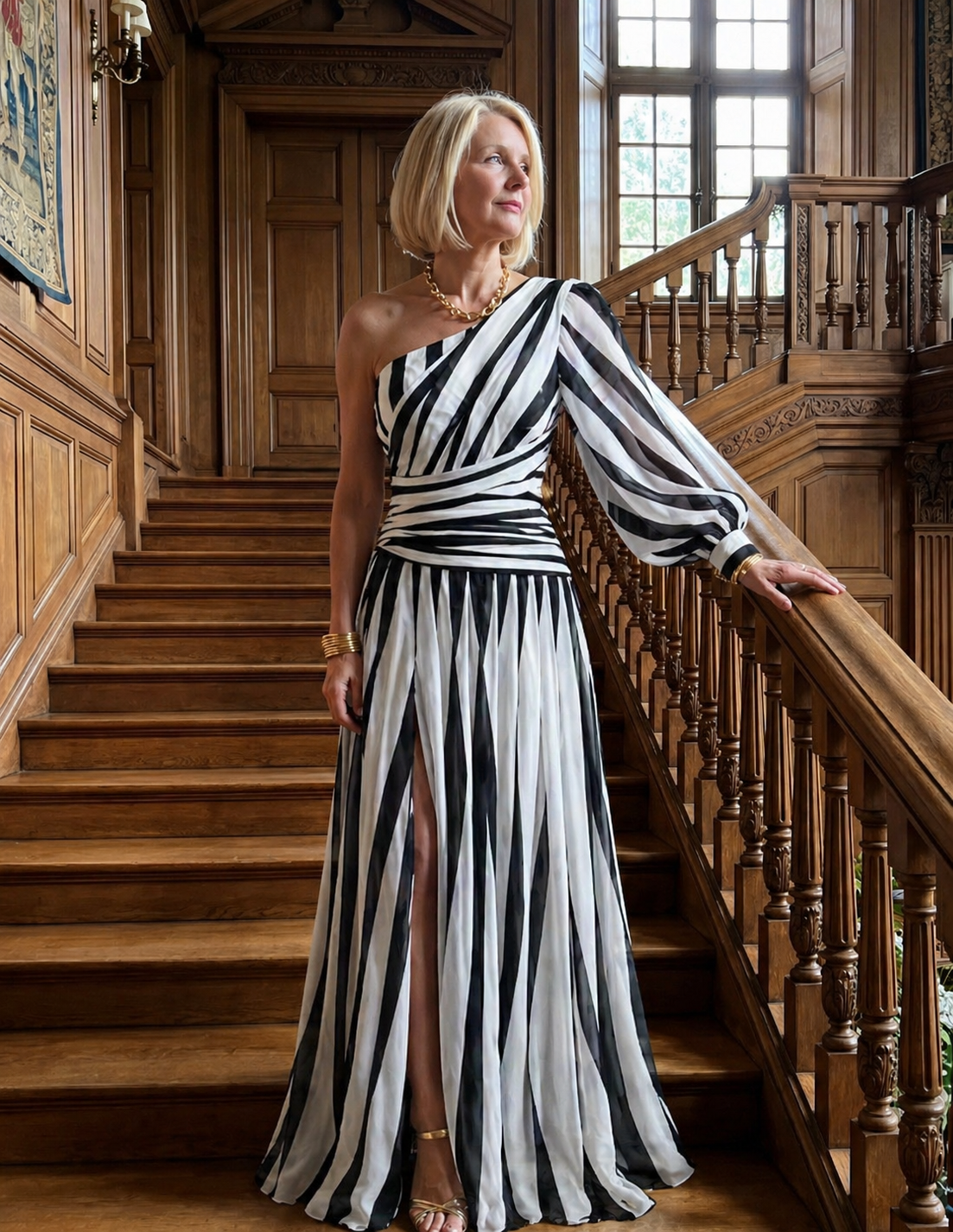 Diane & Susan™ |Elegant Striped Maxi Dress with One Shoulder
