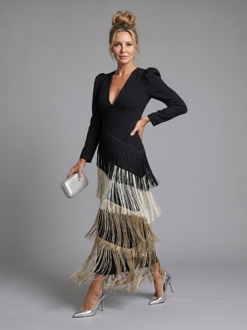 Diane & Susan Long Sleeve Soft Fringe Skirt Midi Dress