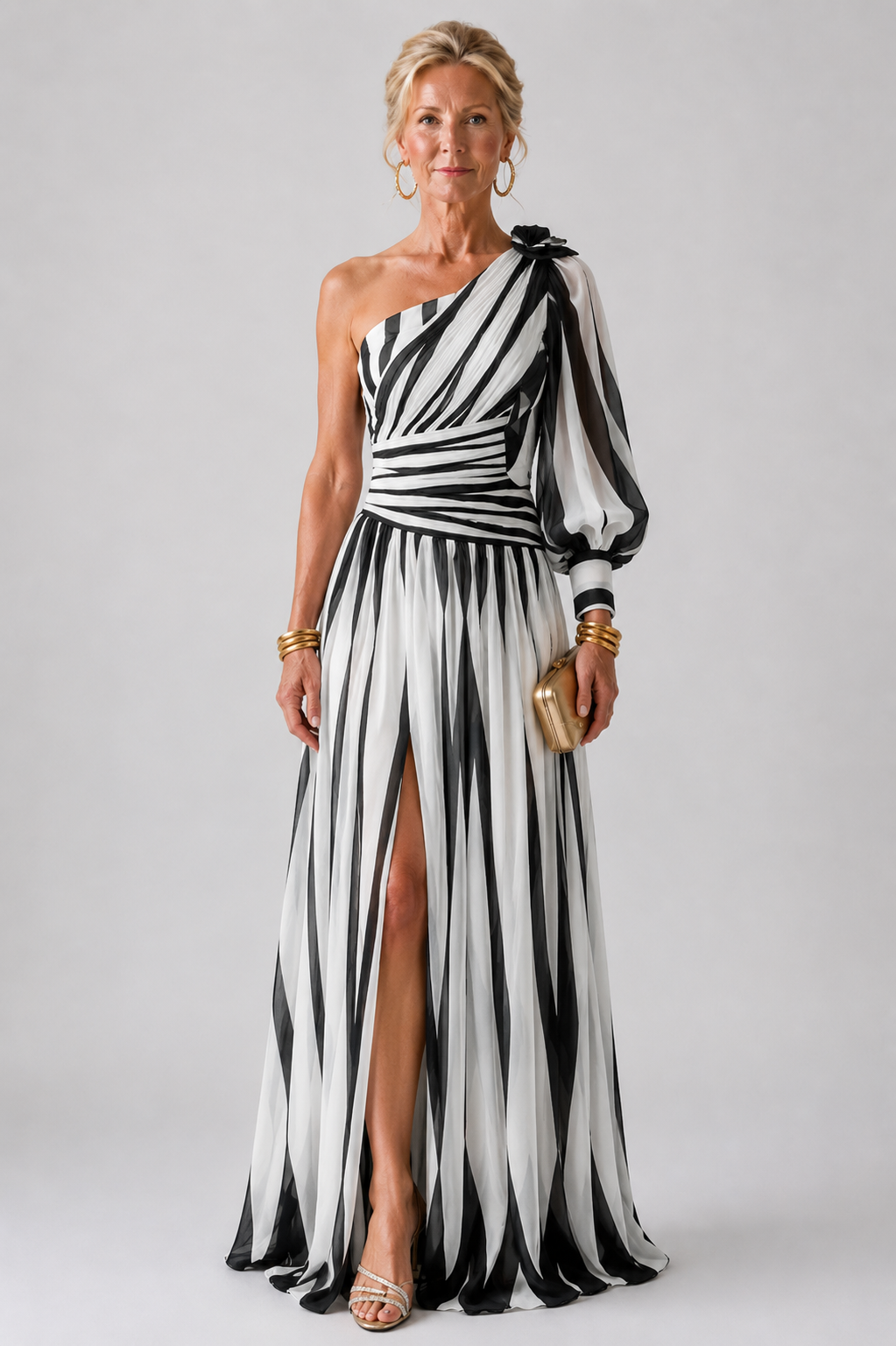 Diane & Susan™ |Elegant Striped Maxi Dress with One Shoulder