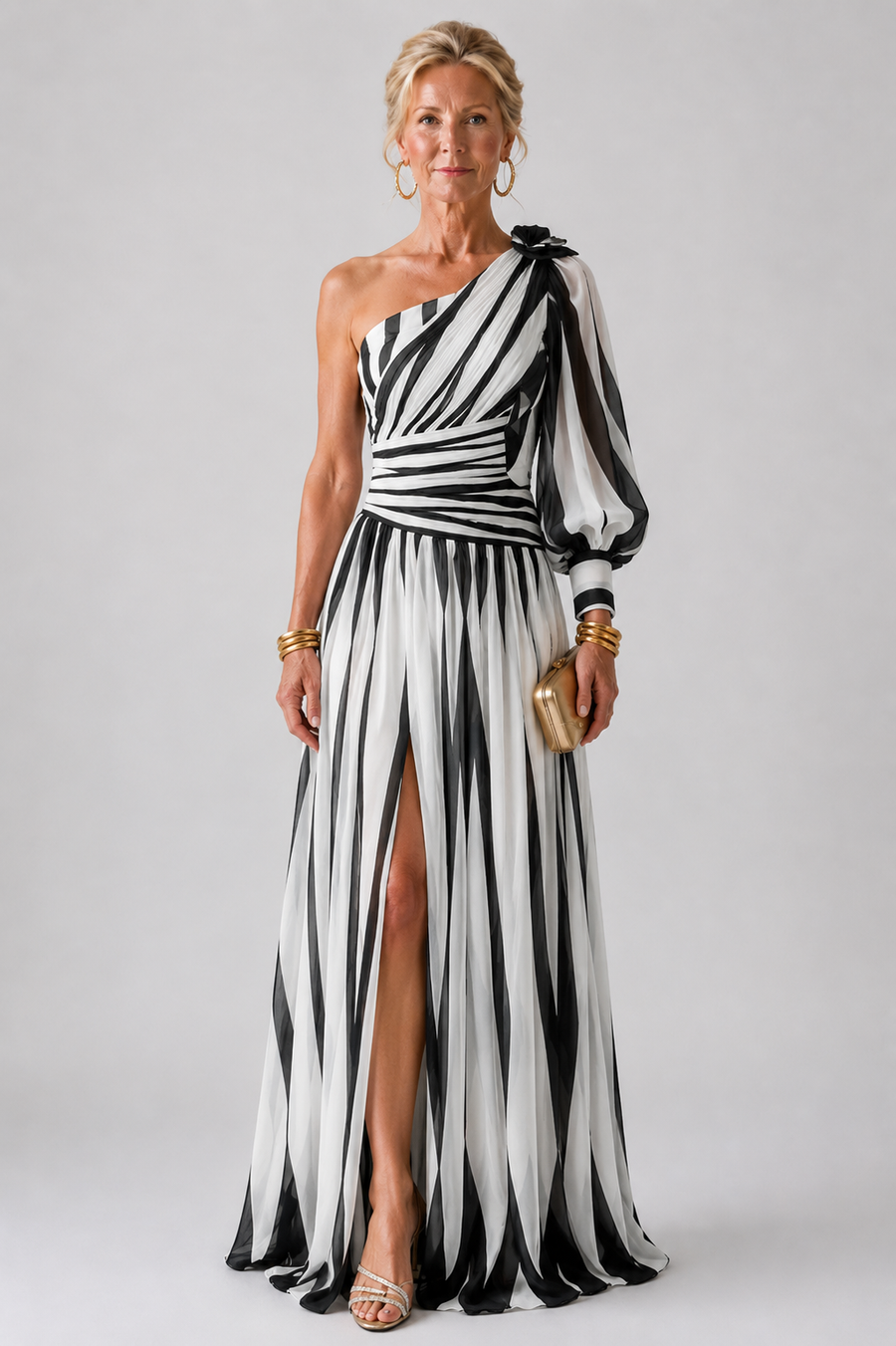 Diane & Susan™ |Elegant Striped Maxi Dress with One Shoulder