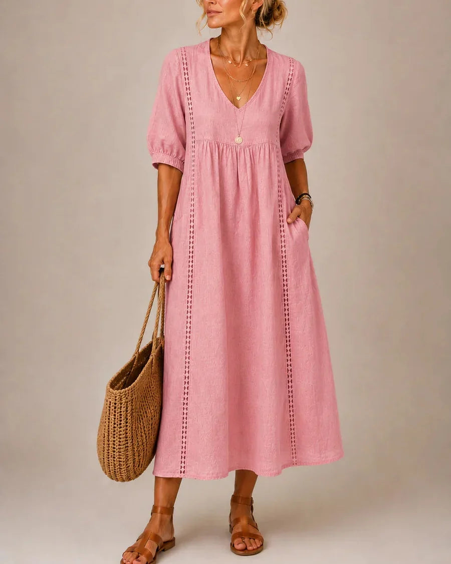 Lorelei | Lace-Trim Linen Midi Dress