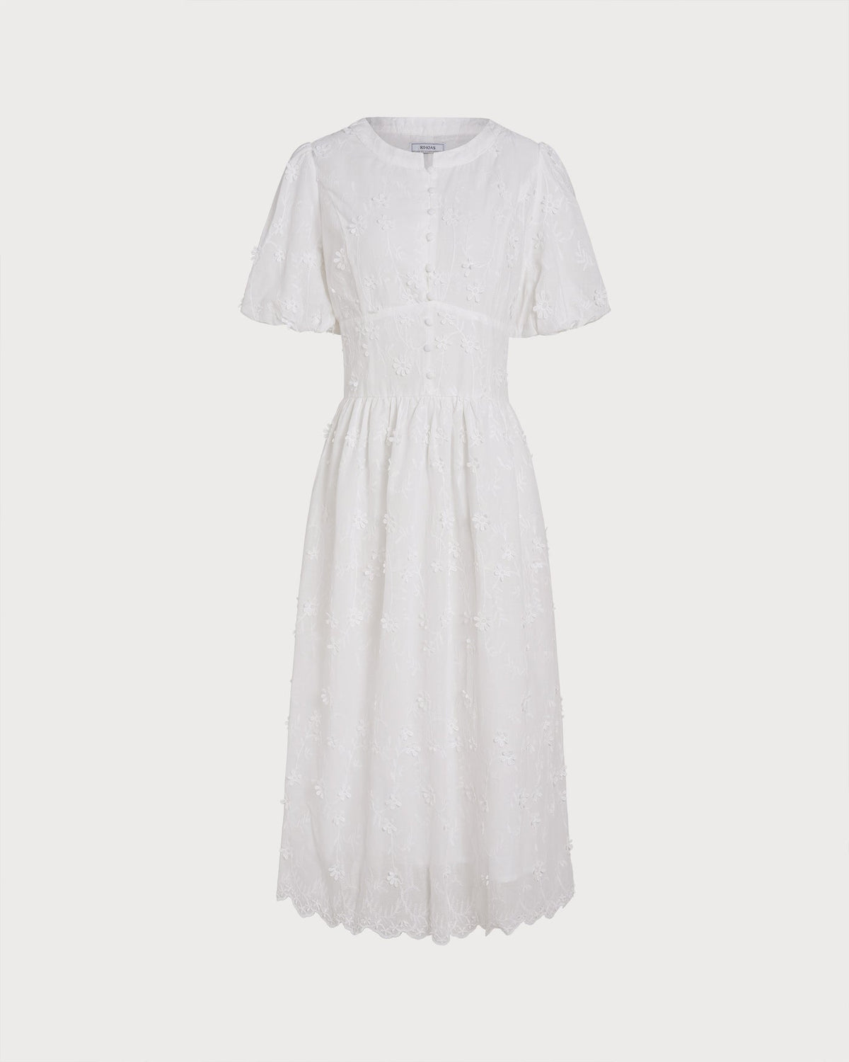 White Round Neck Floral Midi Dress