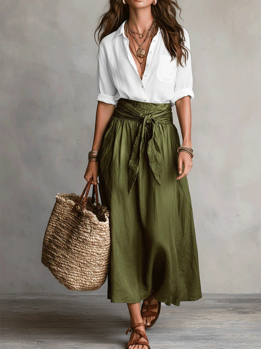 MEADOW | Two-Piece Set: Black Top and Olive Green Midi Skirt