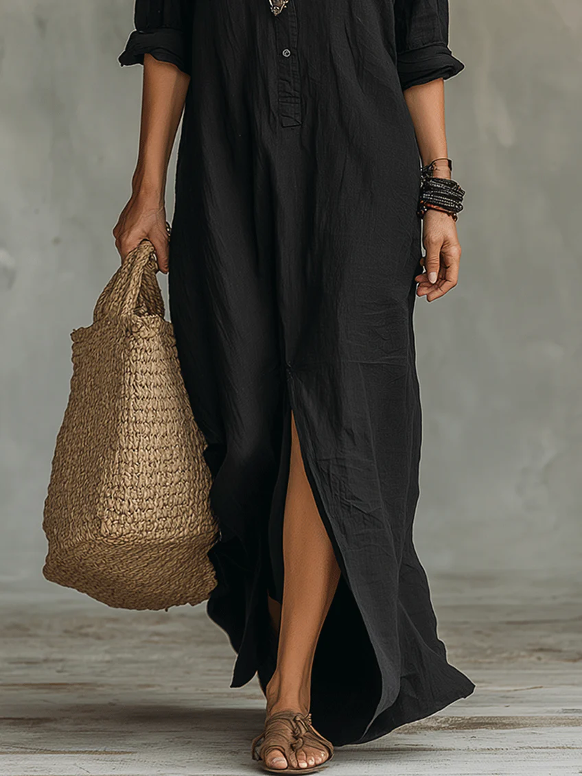 Seraphina™ | Loose Black Maxi Dress with Buttons