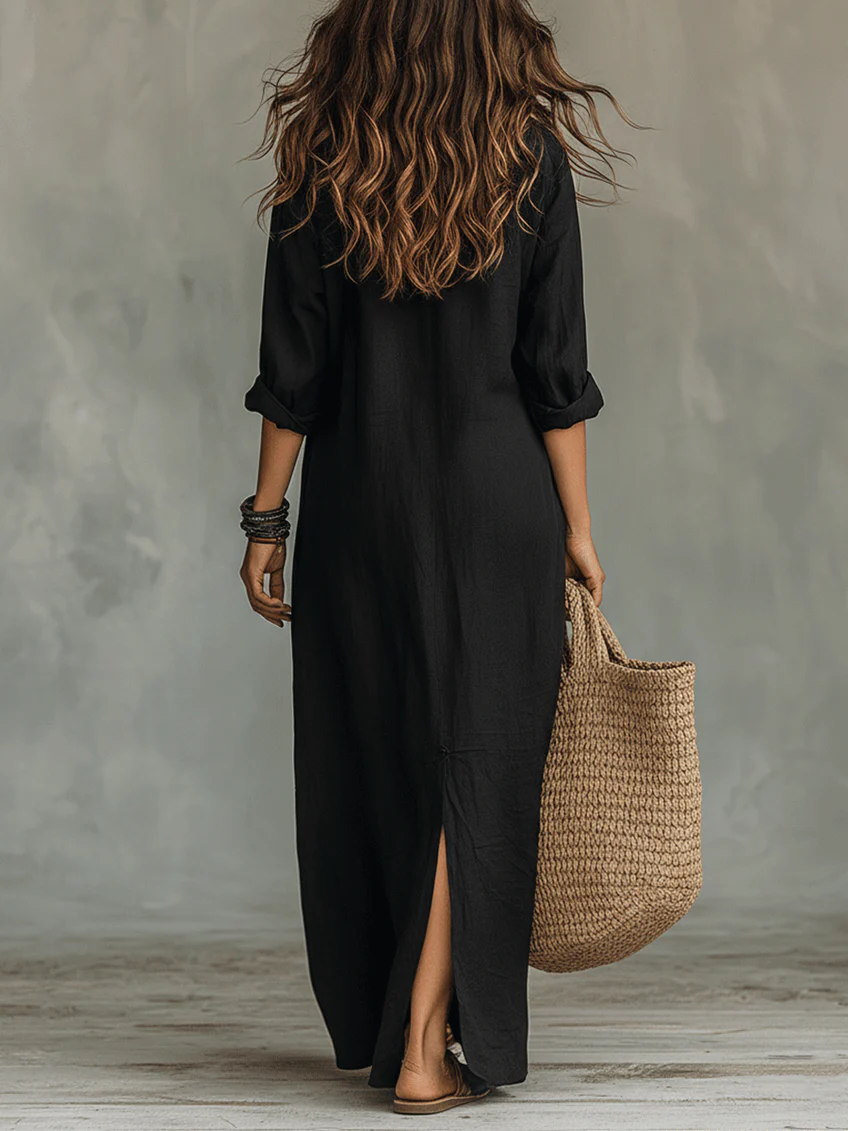Seraphina™ | Loose Black Maxi Dress with Buttons