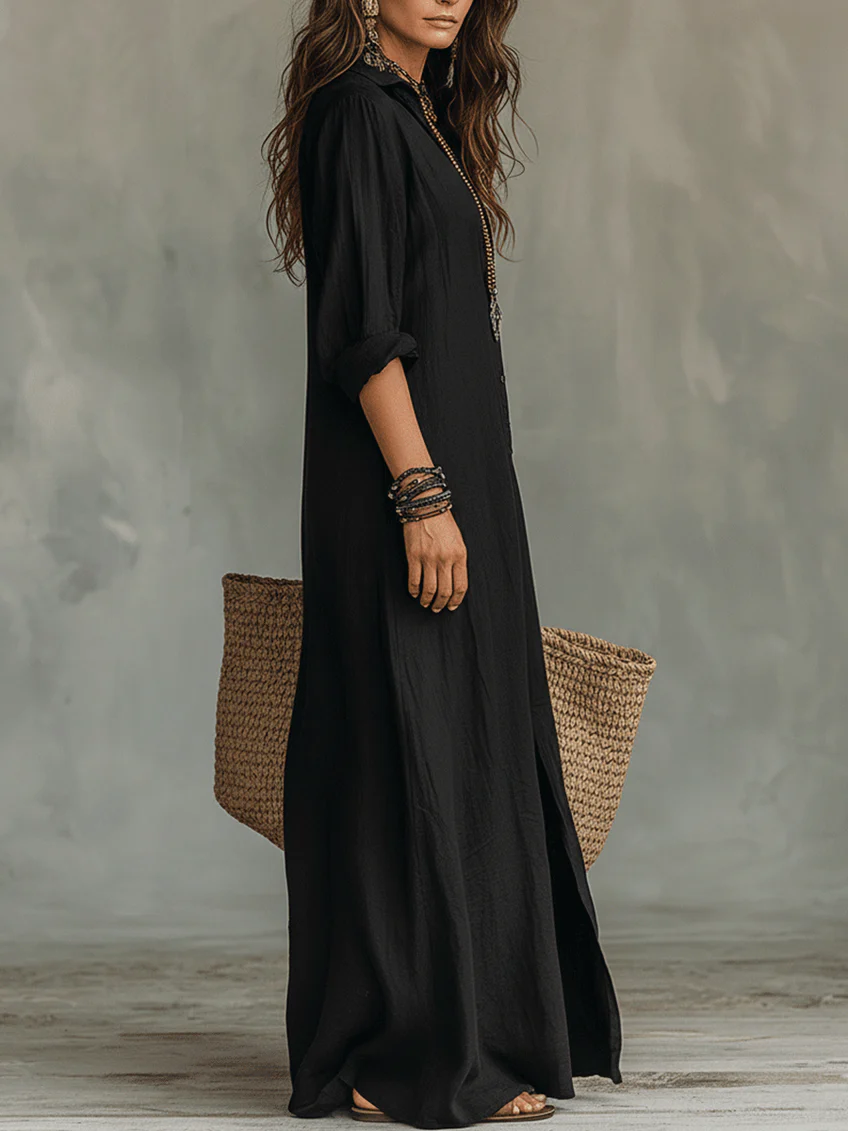 Seraphina™ | Loose Black Maxi Dress with Buttons