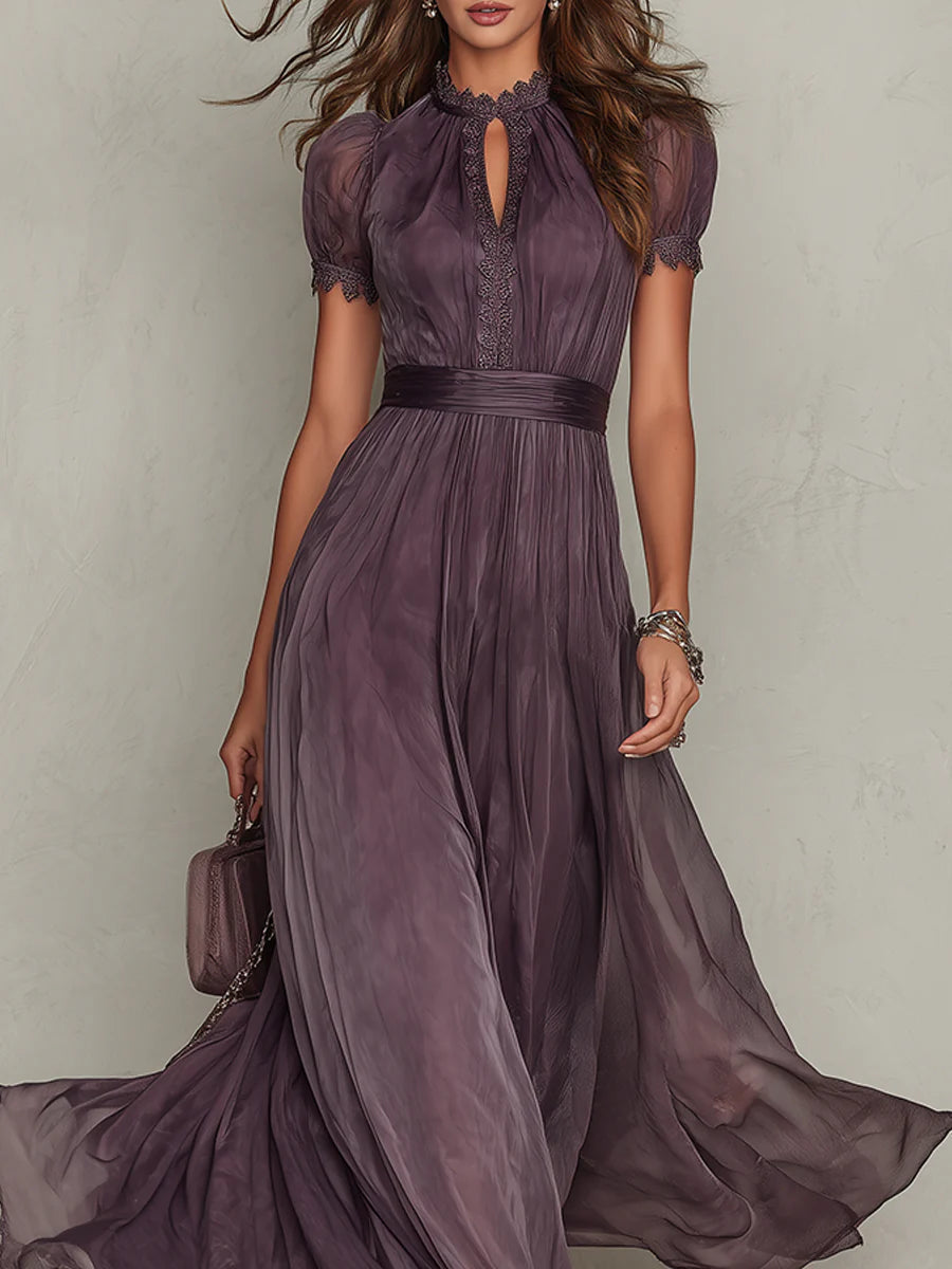 Linnea | Plum Keyhole Chiffon Lace-Trim Maxi Dress