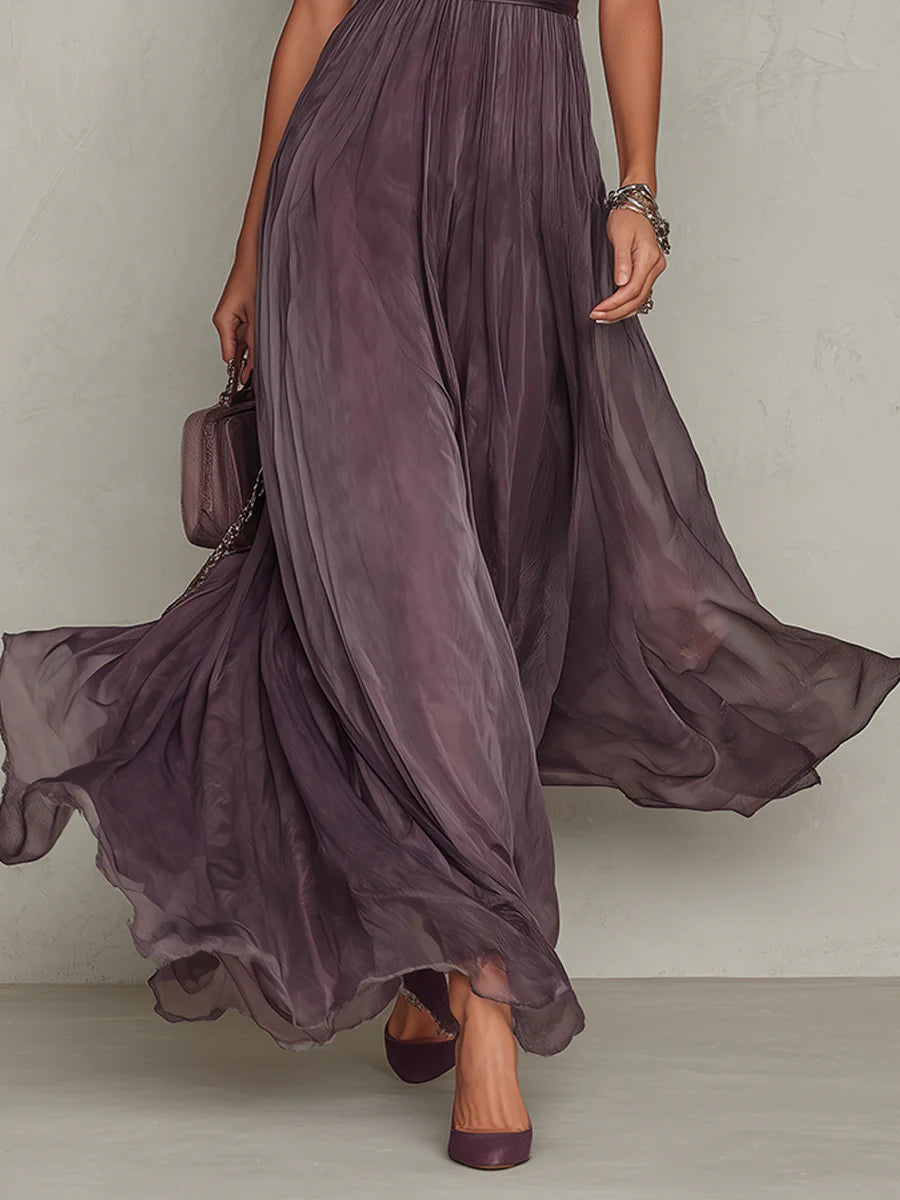 Linnea | Plum Keyhole Chiffon Lace-Trim Maxi Dress