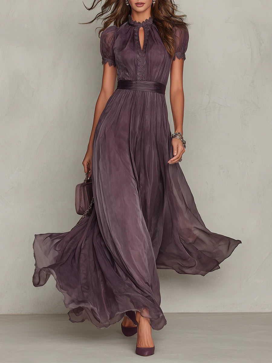 Linnea | Plum Keyhole Chiffon Lace-Trim Maxi Dress