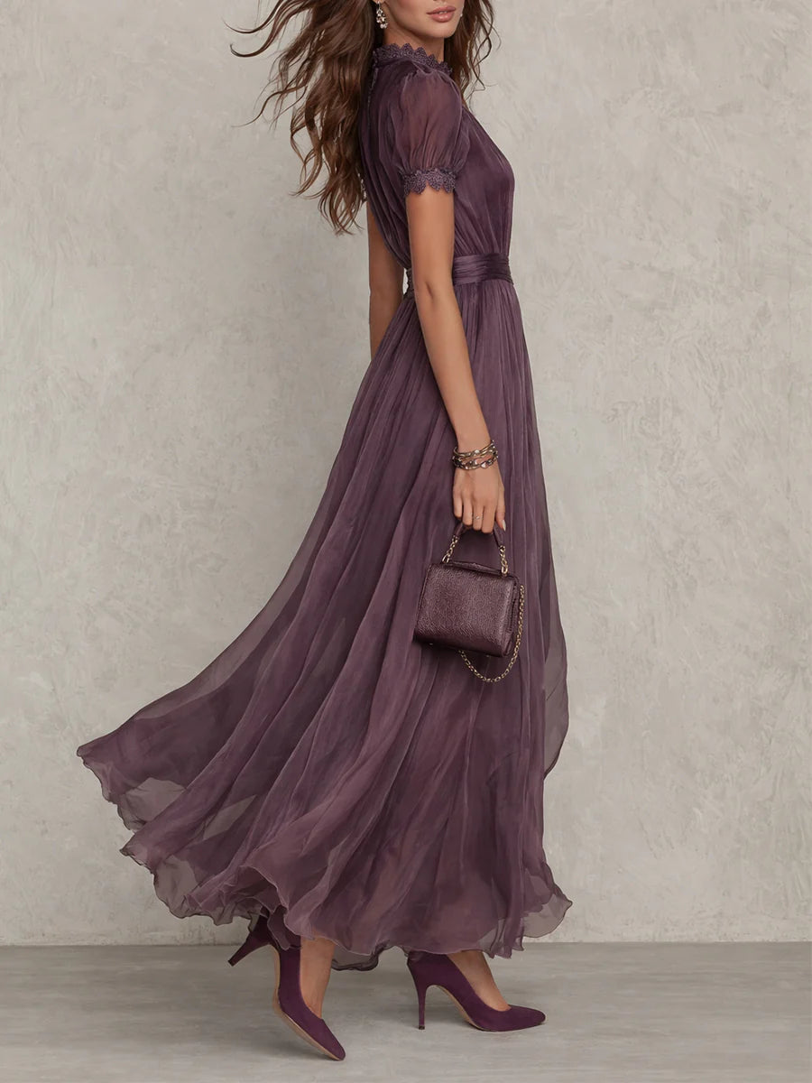 Linnea | Plum Keyhole Chiffon Lace-Trim Maxi Dress