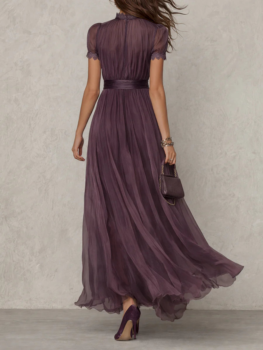 Linnea | Plum Keyhole Chiffon Lace-Trim Maxi Dress