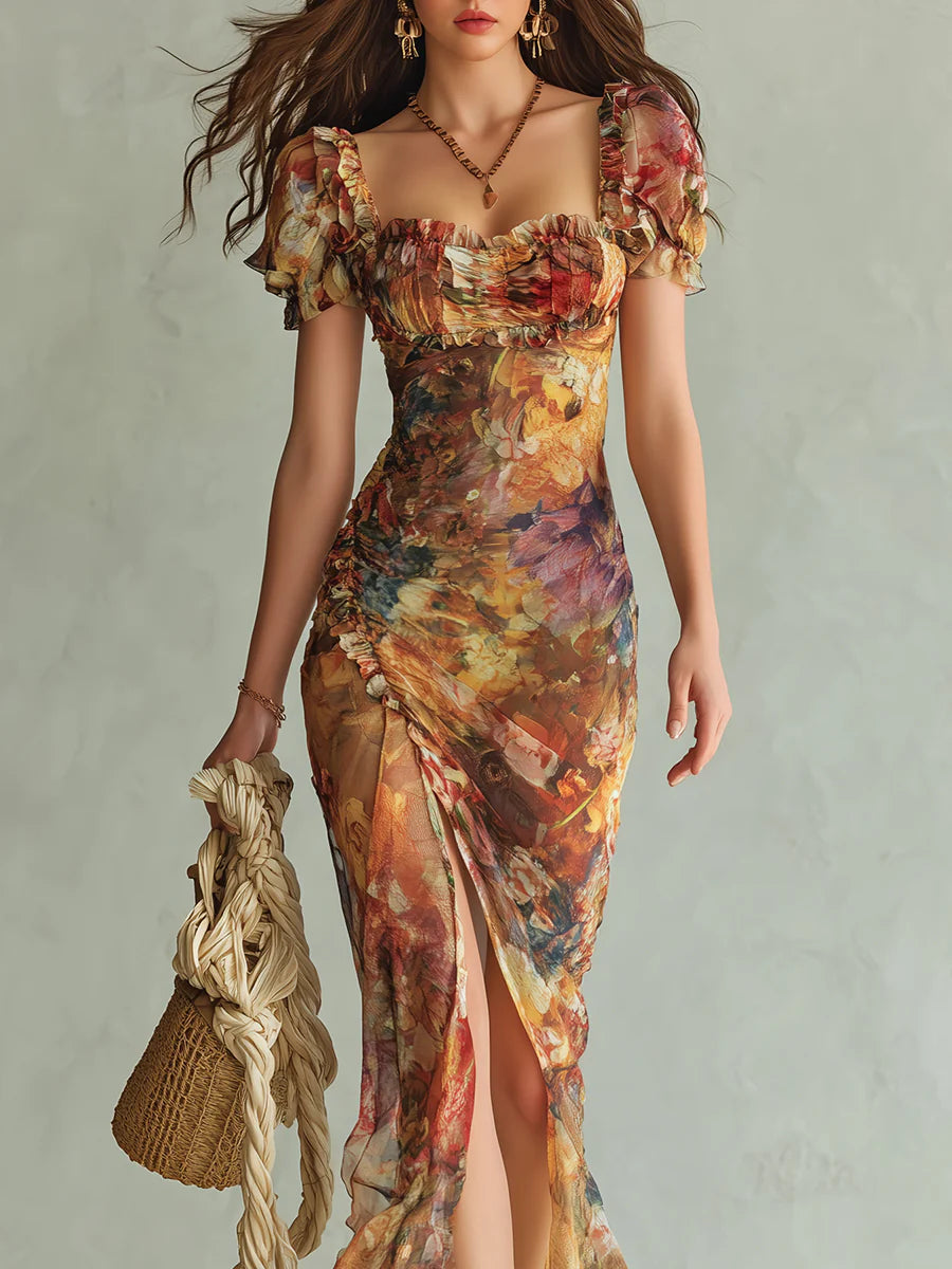 Soleil | Orange Painterly Floral Chiffon Maxi Dress