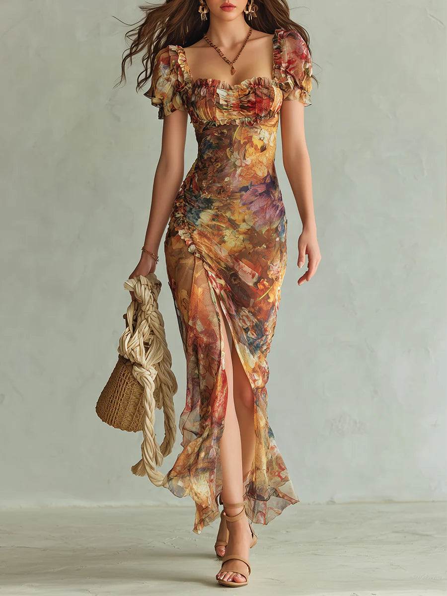 Soleil | Orange Painterly Floral Chiffon Maxi Dress