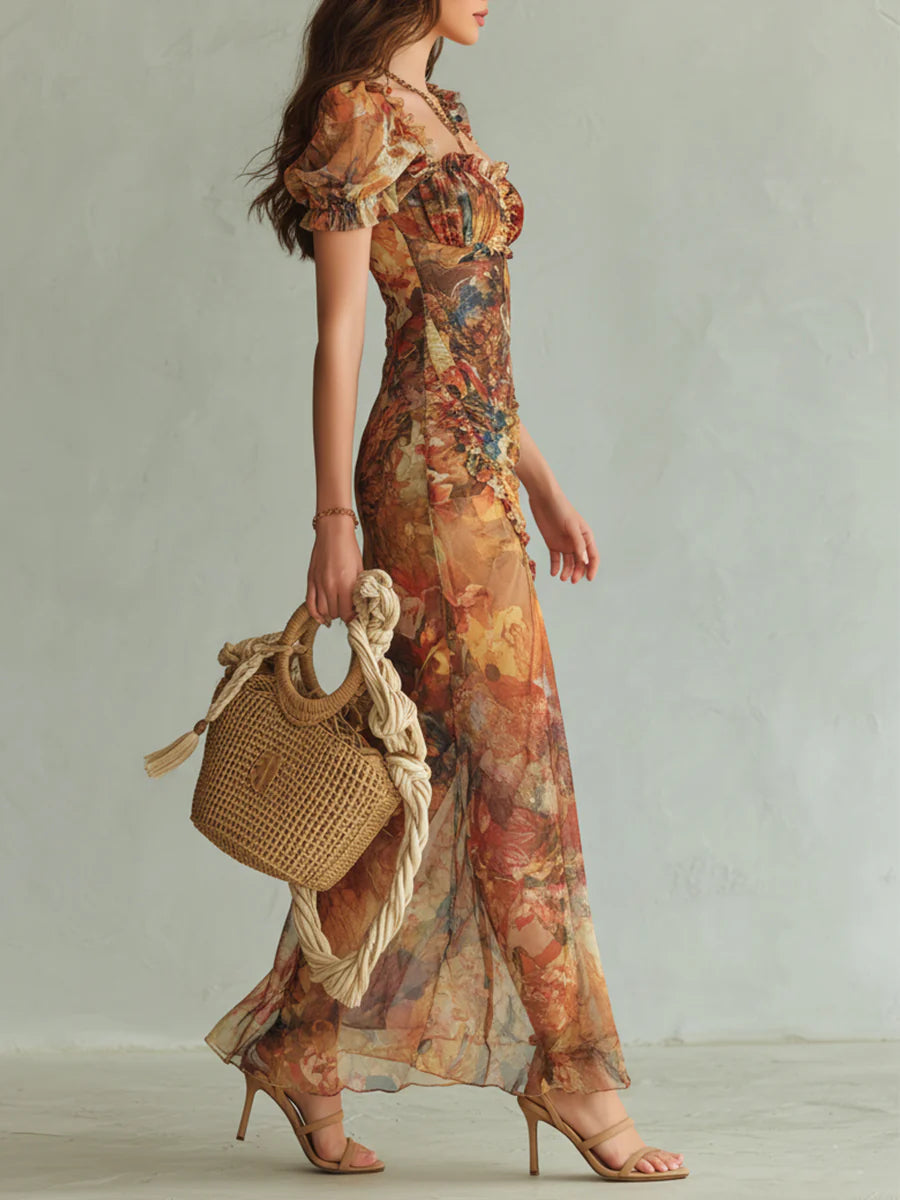 Soleil | Orange Painterly Floral Chiffon Maxi Dress