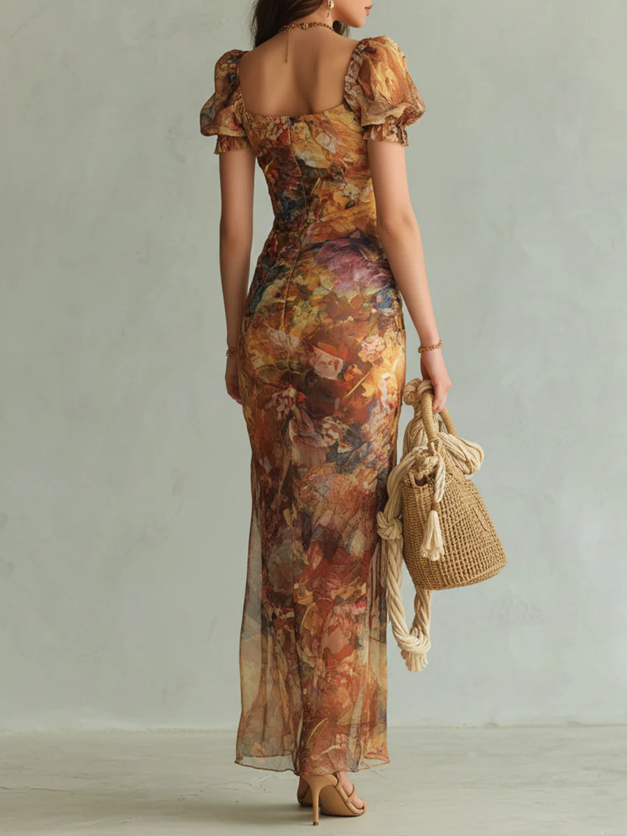 Soleil | Orange Painterly Floral Chiffon Maxi Dress