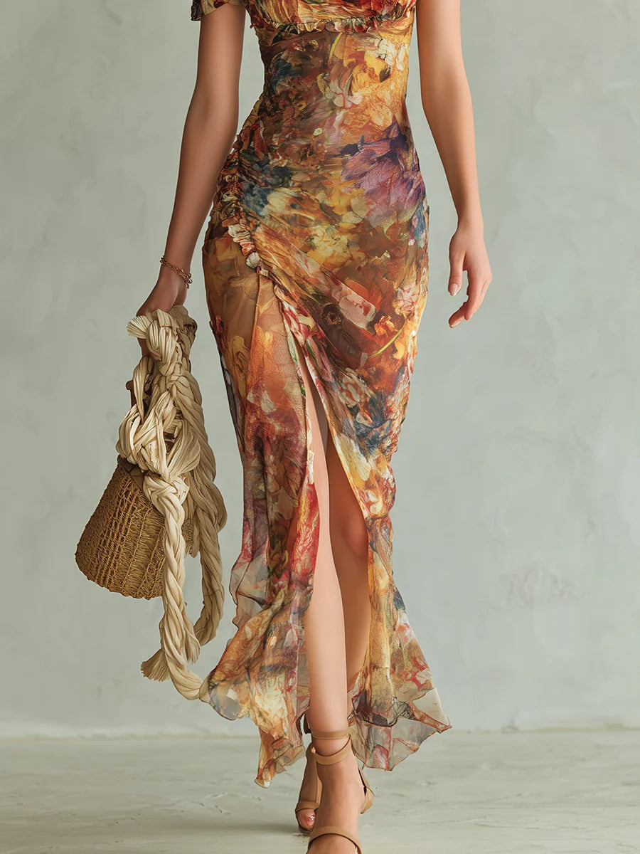 Soleil | Orange Painterly Floral Chiffon Maxi Dress