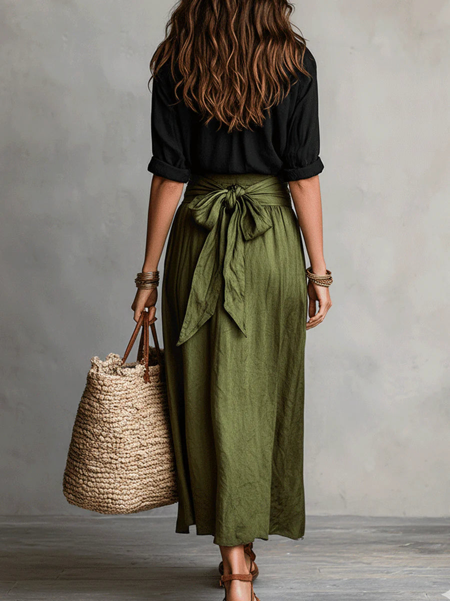 MEADOW | Two-Piece Set: Black Top and Olive Green Midi Skirt