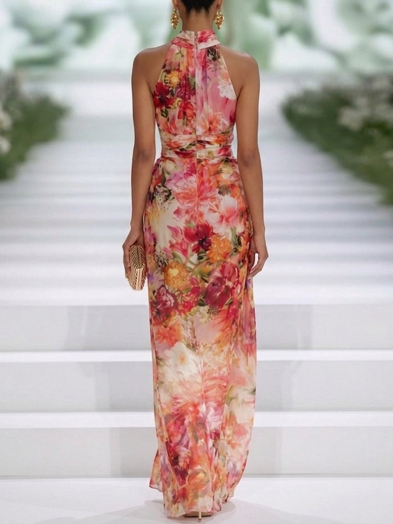 Valentina | Red Floral Halter-Neck Chiffon Maxi Dress