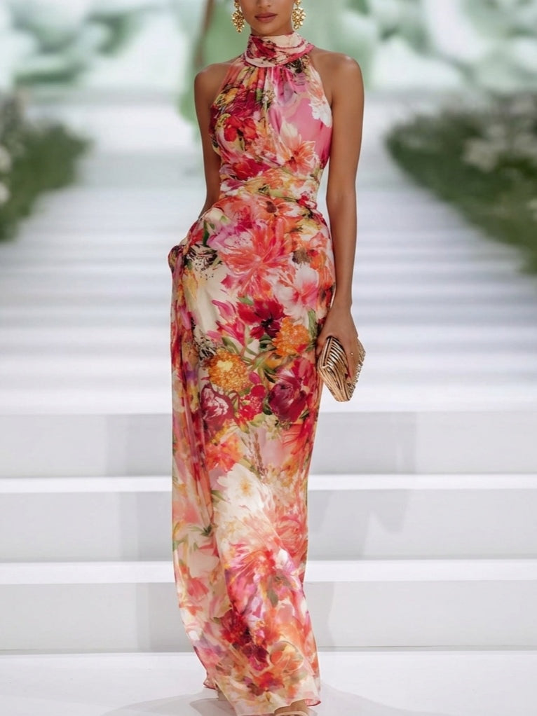 Valentina | Red Floral Halter-Neck Chiffon Maxi Dress