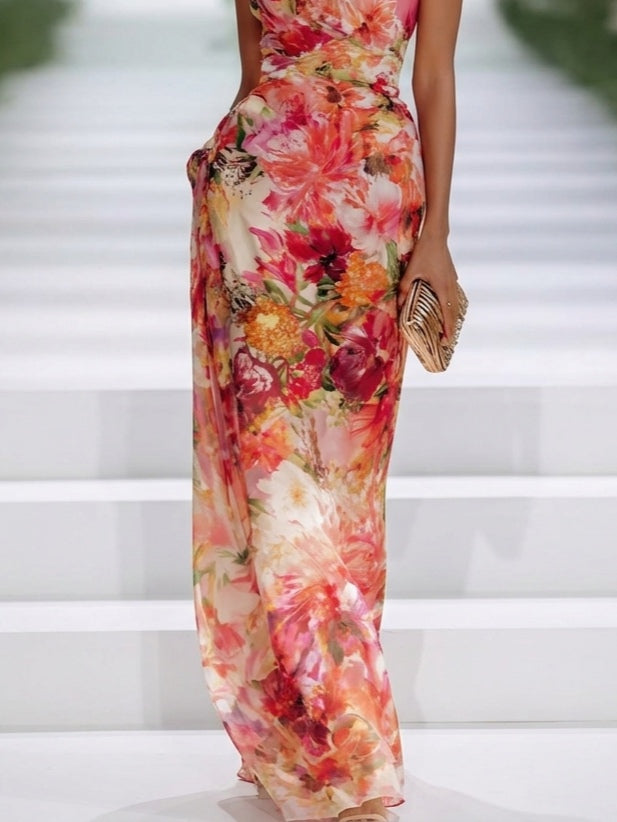 Valentina | Red Floral Halter-Neck Chiffon Maxi Dress