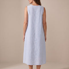 The Adele blue and white striped midi dress, back view with mid-calf length