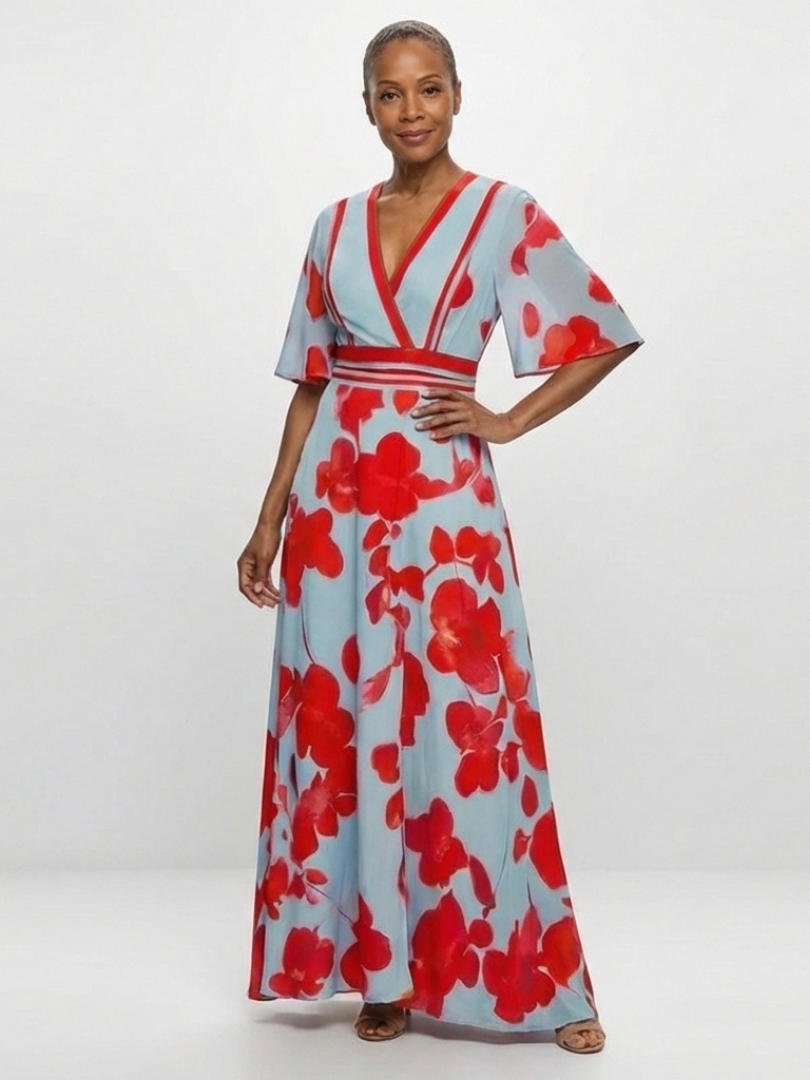 Diane & Susan™ | V Neck Short Sleeve Floral Maxi Dress
