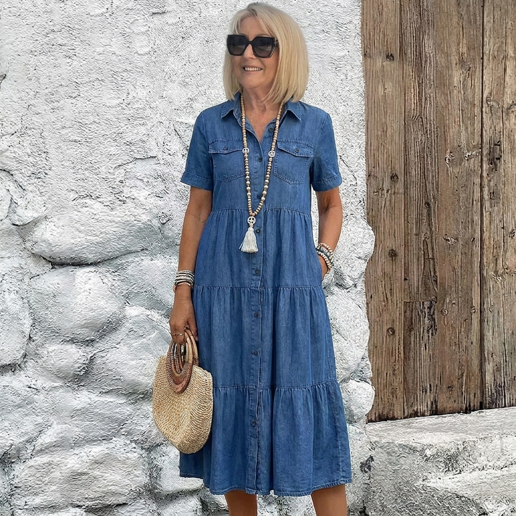 Charlotte | Tiered Denim-Print Button Midi Dress