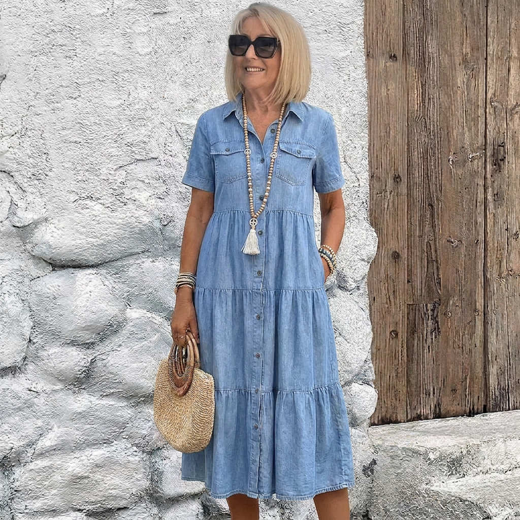 Charlotte | Tiered Denim-Print Button Midi Dress