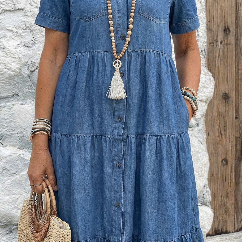 Charlotte | Tiered Denim-Print Button Midi Dress