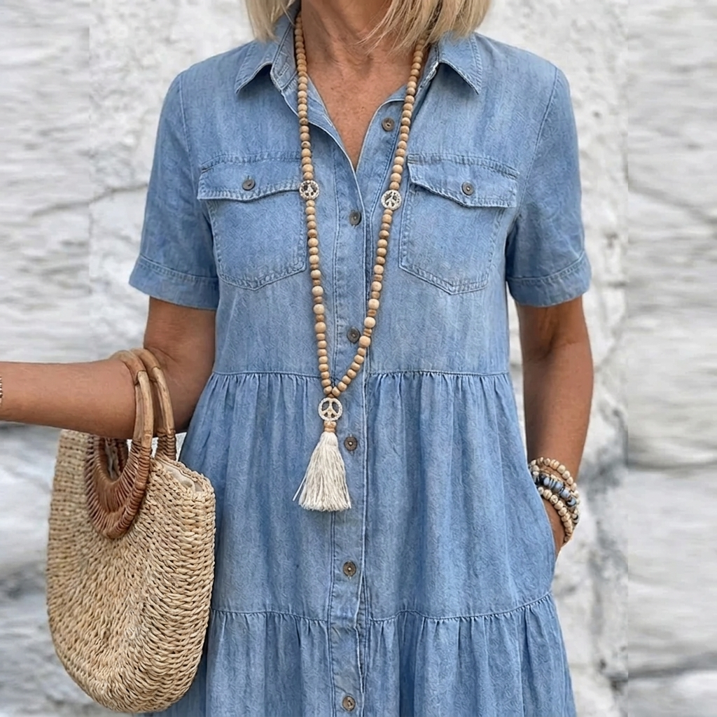 Charlotte | Tiered Denim-Print Button Midi Dress