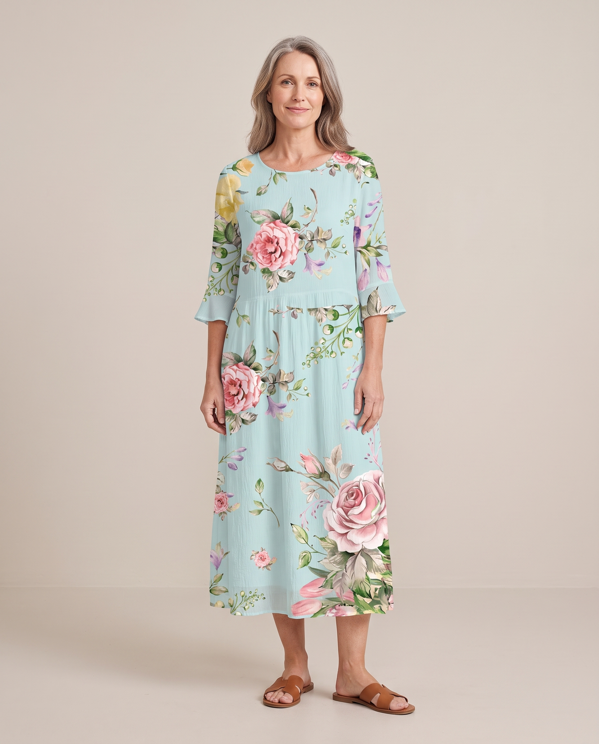 Delphine rose print midi dress in pale aqua, front view
